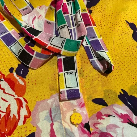 MSGM 100% Silk Yellow Floral Tie-Neck Blouse Size 40 Designer Italian - Picture 6 of 7